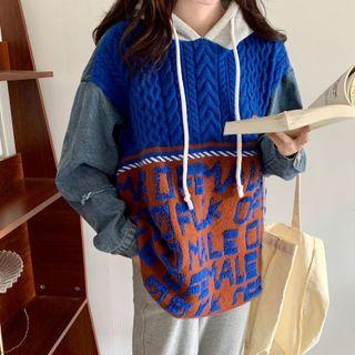 Mock Two-piece Denim Panel Hooded Knit Top