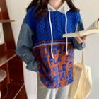 Mock Two-piece Denim Panel Hooded Knit Top