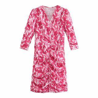 Elbow-sleeve Leopard Print Ruched Sheath Dress