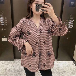 Puff-sleeve Embroidered Plaid Shirt