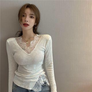 V-neck Plain Mesh Lace Split Top