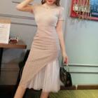 Set: Short-sleeve Knit Top + Sheer Panel Midi Fitted Skirt