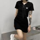 Short-sleeve Butterfly Embroidered Crop Top / Mini A-line Skirt