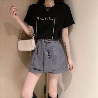 Set: Short-sleeve Rhinestone Trim T-shirt + Sashed Shorts