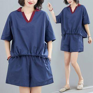 Set: Contrast Trim Elbow-sleeve Blouse + Shorts