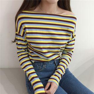 Striped Off-shoulder Long-sleeve T-shirt