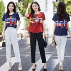 Short-sleeve Print Top / Cropped Pants