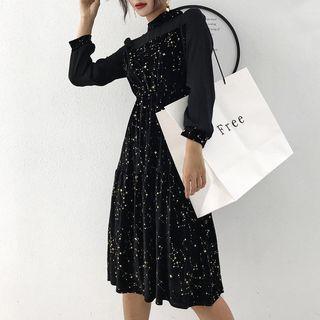 Chiffon Panel Long-sleeve Midi A-line Dress
