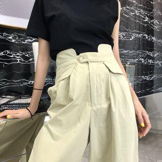 Plain High-waist Loose-fit Straight-leg Pants