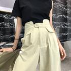 Plain High-waist Loose-fit Straight-leg Pants