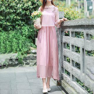 Set: Traditional Chinese 3/4-sleeve Embroidered Top + Spaghetti Strap A-line Midi Dress