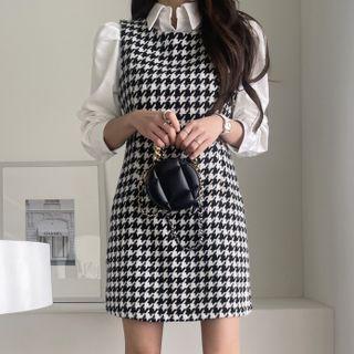 Houndstooth Woolen Mini Overall Dress