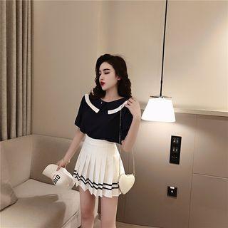 Set Of 2: Peter Pan-collar Short-sleeve Chiffon Blouse + Pleated Skirt