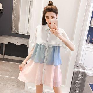 Color Block Short-sleeve Chiffon Shirt Dress