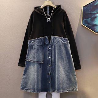 Buttoned Denim Panel Drawstring Hoodie