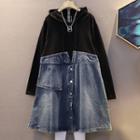 Buttoned Denim Panel Drawstring Hoodie
