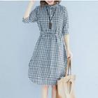 Checked Elbow-sleeve Collared Dress Black - One Size