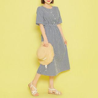 Half-placket Gingham A-line Dress