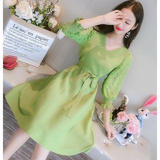 3/4-sleeve Bobble A-line Wrap Knit Dress