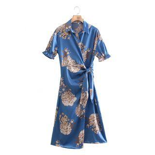 Short-sleeve Flower Print Wrap Midi A-line Dress