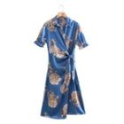 Short-sleeve Flower Print Wrap Midi A-line Dress