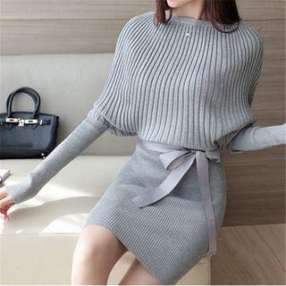 Long-sleeve Ribbed Knit Mini Dress