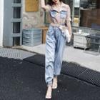 Short-sleeve Floral Denim Jumpsuit