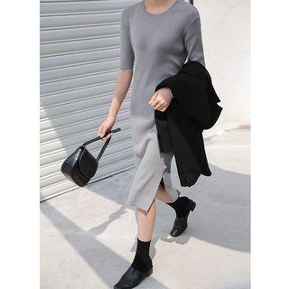Tie-waist Elbow-sleeve Midi Knit Dress