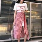 Short-sleeve Lettering Long T-shirt / Plaid A-line Midi Skirt