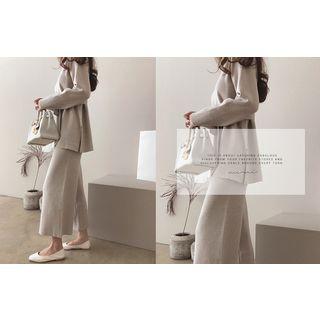 Set: Round-neck Knit Top With Sash + Band-waist Pants