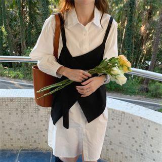 Long-sleeve Plain Midi Shirtdress / Vest