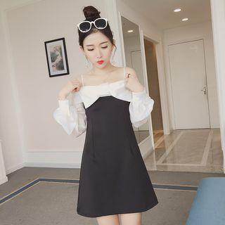 Bow Accent Color Panel Off Shoulder Long Sleeve Dress