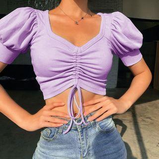 Drawstring Ruched Puff-sleeve Cropped Top