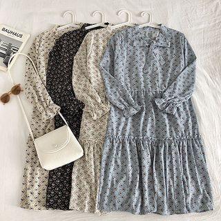 Floral Lace-up Ruffled-trim Long-sleeve Dress
