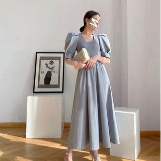 Puff-sleeve Knit A-line Midi Dress