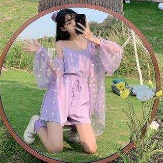 Camisole Top / Drawstring High-waist Shorts / Floral Print Mesh Shirt / Set