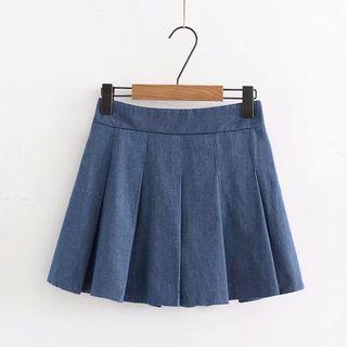 A-line Denim Pleated Mini Skirt
