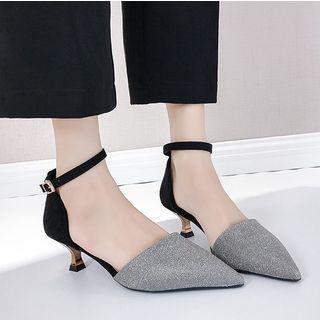 Glittered Pointy Toe Ankle Strap Kitten Heel Sandals