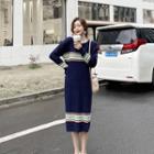 Long-sleeve Colored Panel Knit Midi Dress