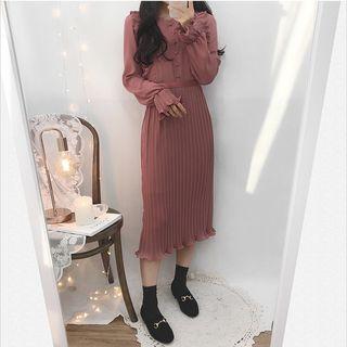 Long-sleeve Pleated Midi Chiffon Dress
