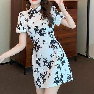 Short-sleeve Floral Print Lace-up Mini Qipao