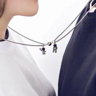 Set Of 2: Couple Matching Astronaut Magnetic Pendant Alloy Necklace Silver - One Size