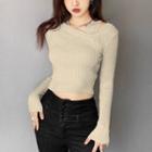 Long-sleeve Cutout Cropped Knit Top Almond - One Size