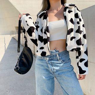 Cropped Cow Print Zip Jacket