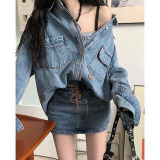 Long-sleeve Loose-fit Denim Shirt / Denim Slim-fit Skort