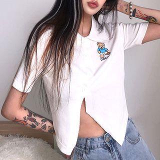 Short-sleeve Collared Bear Embroidered Asymmetrical Button-up Knit Top