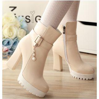 Faux Pearl Heel Ankle Boots