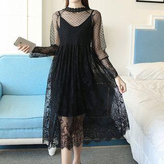 Set : Dotted Lace Long-sleeve Dress + Velvet Strap Dress
