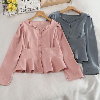 Ruffle Hem Long-sleeve Button Top