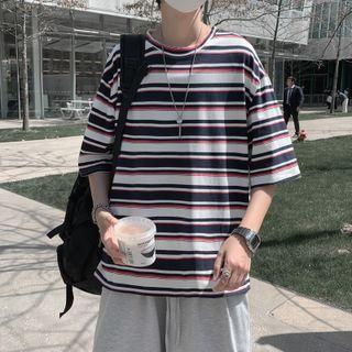 Elbow-sleeve Striped T-shirt / Straight Leg Pants